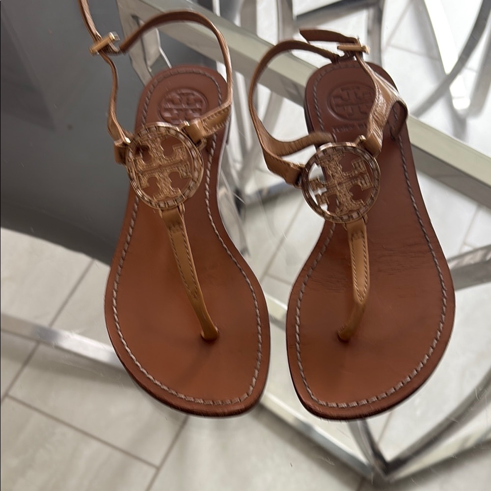 Tory Burch Brown Leather T-Strap Sandals